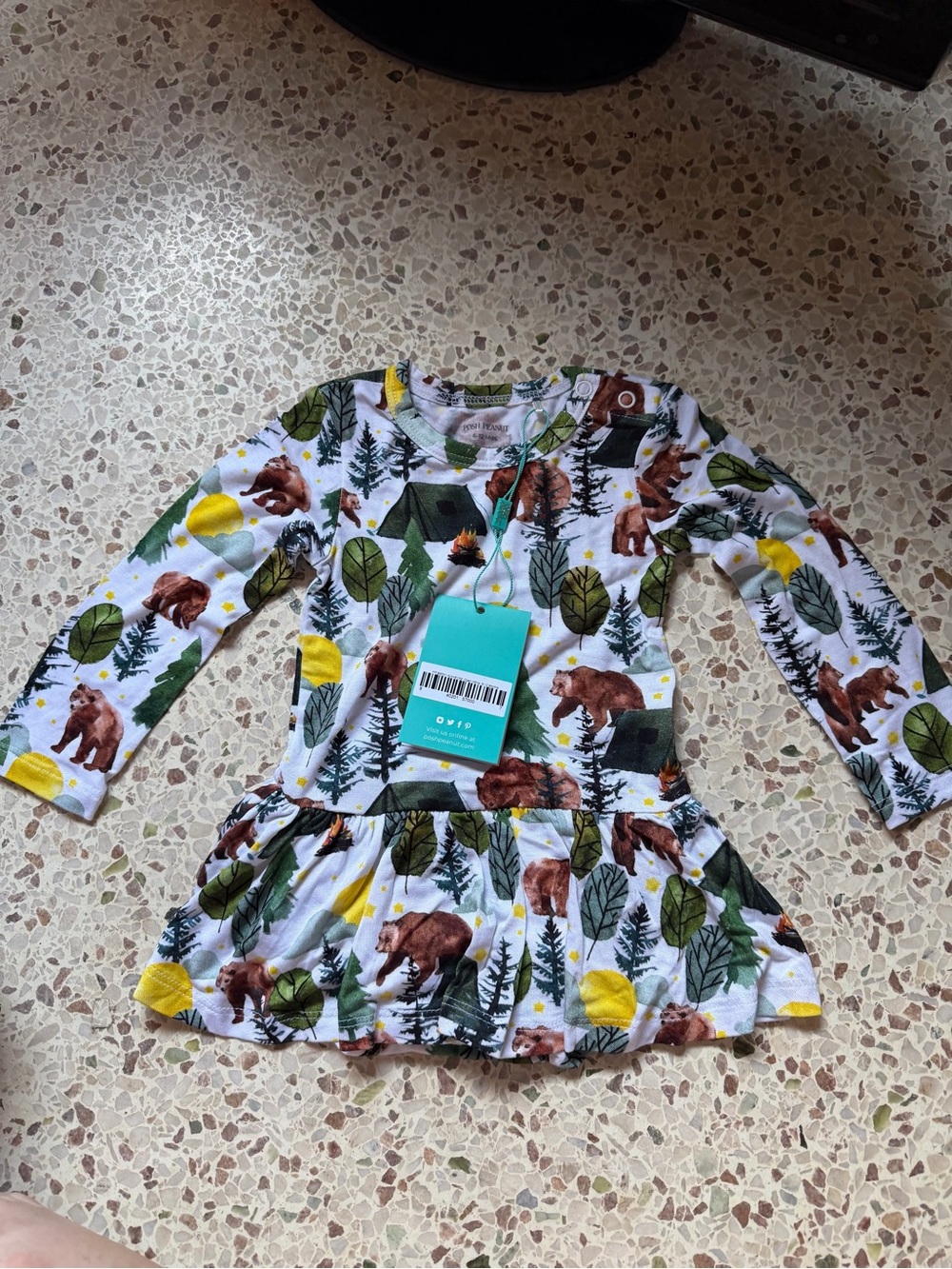 Posh Peanut White Forest & Bear Print Long Sleeve Dress